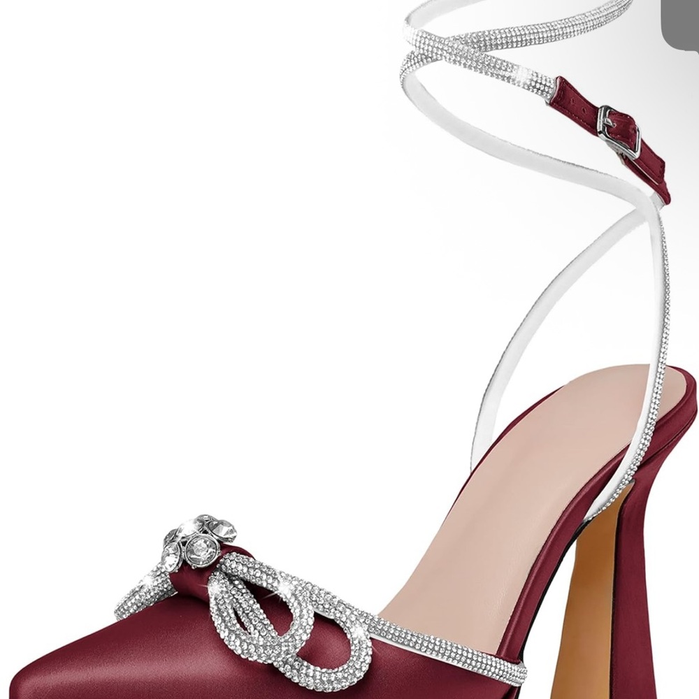 Elegant Burgundy Satin Heels with Rhinestone Accents Platform